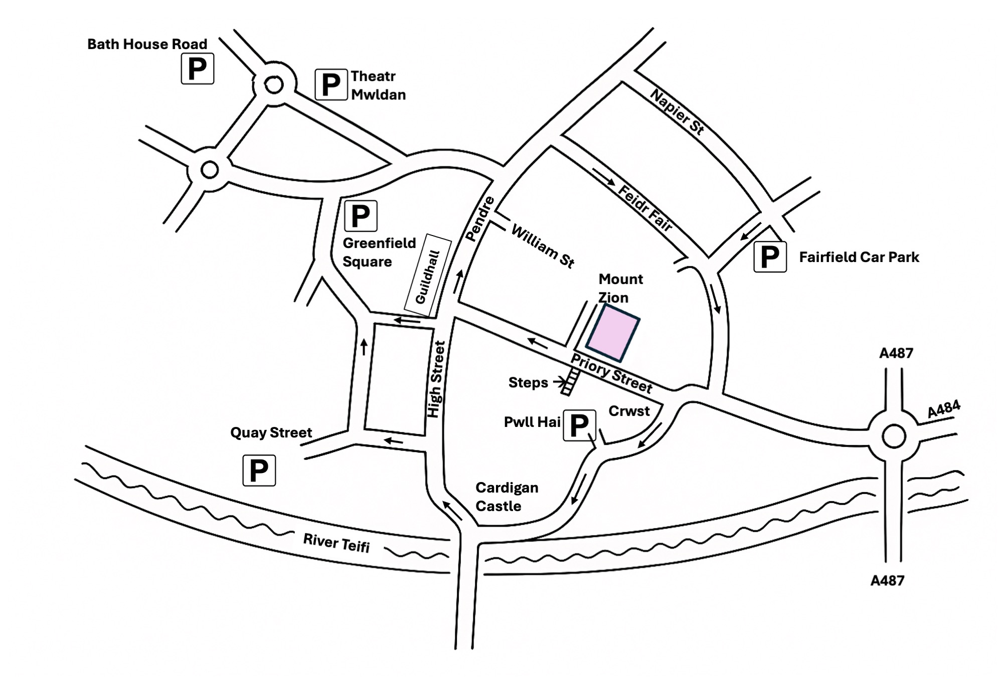 Location map for Mount Zion Church with car parks.